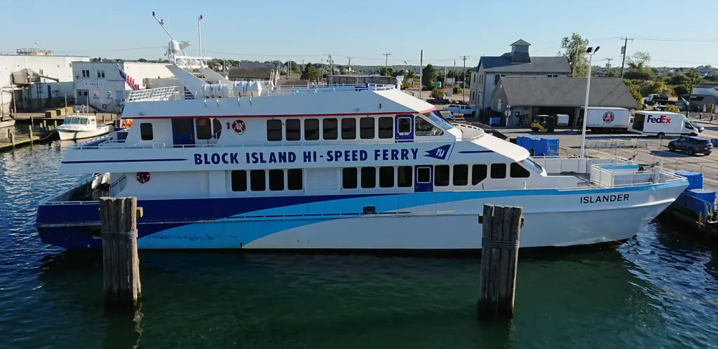 A Block Island high-speed ferry docked at Point Judith