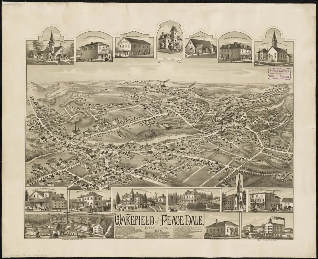 A historic bird's-eye map of Wakefield and Peace Dale