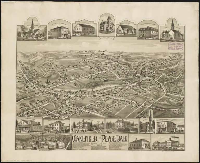 A historic bird's-eye map of Wakefield and Peace Dale