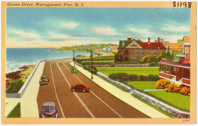 A vintage postcard of Ocean Drive at Narragansett Pier