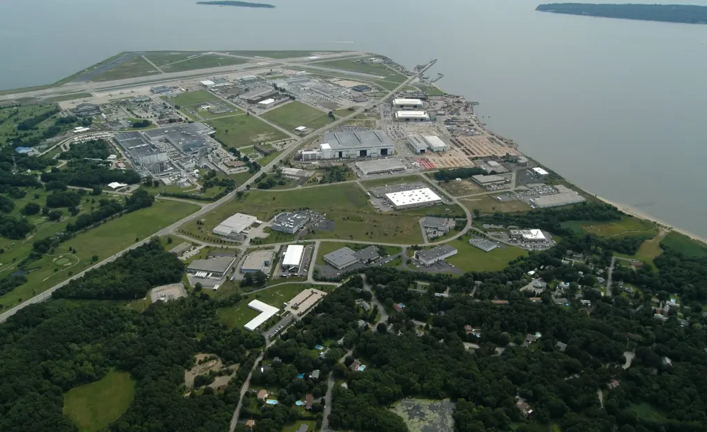 Aerial view of Quonset Business Park and Quonset State Airport on Narragansett Bay in North Kingstown