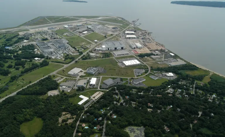 Aerial view of Quonset Business Park and Quonset State Airport on Narragansett Bay in North Kingstown