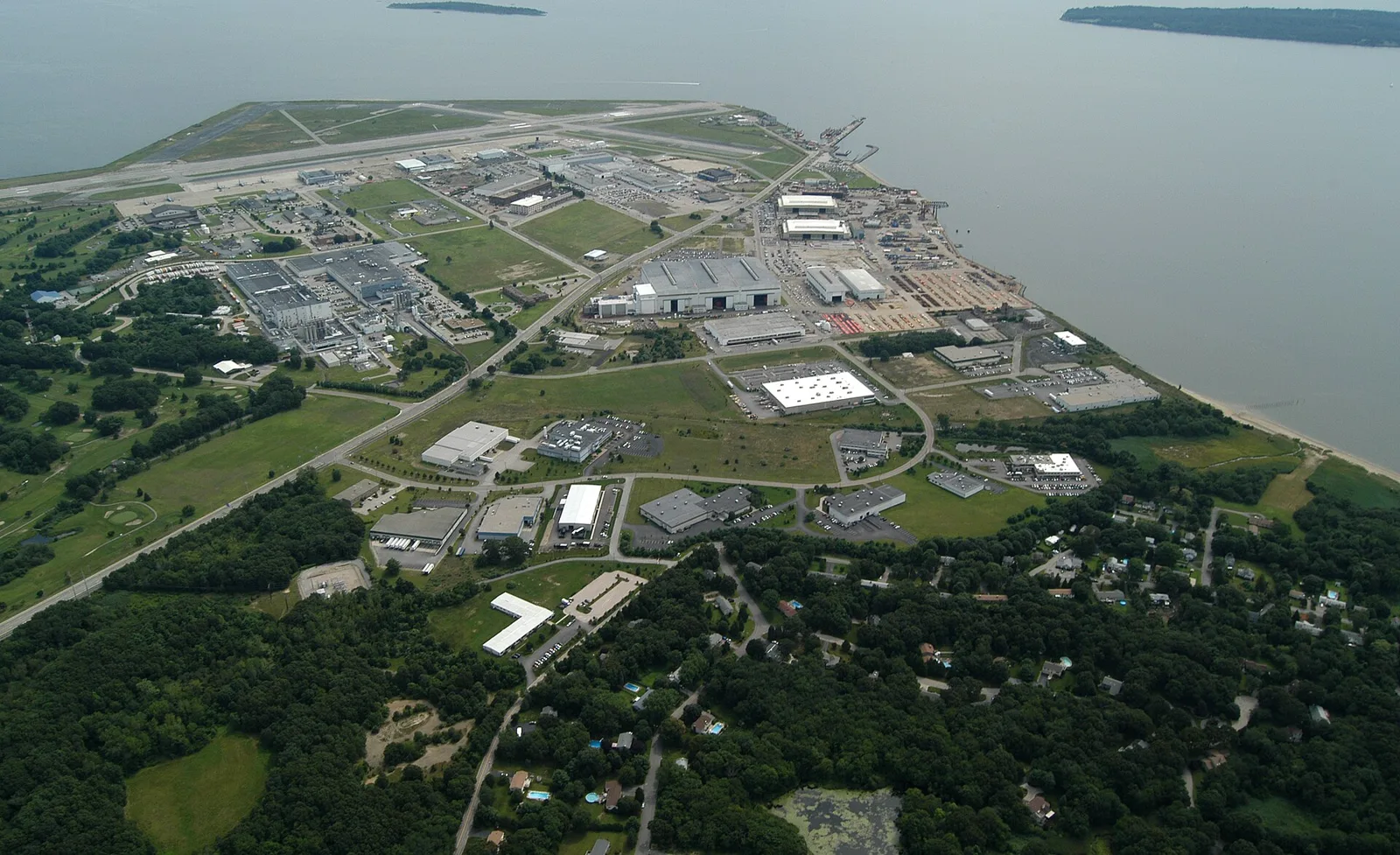 Aerial view of Quonset Business Park and Quonset State Airport on Narragansett Bay in North Kingstown